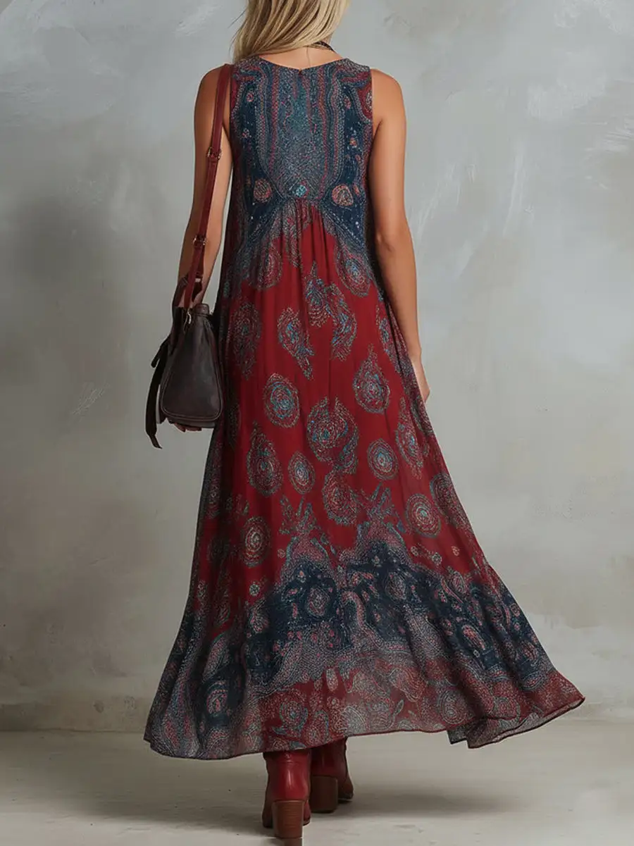 Pleated Printed Sleeveless Neck Maxi Dress