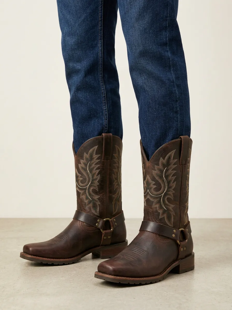 Men's Western Cowboy Embroidered Harness Leather Boots