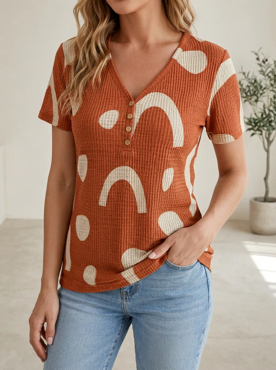 Women's Boho Abstract Rainbow Printed Waffle Knit Henley Shirt