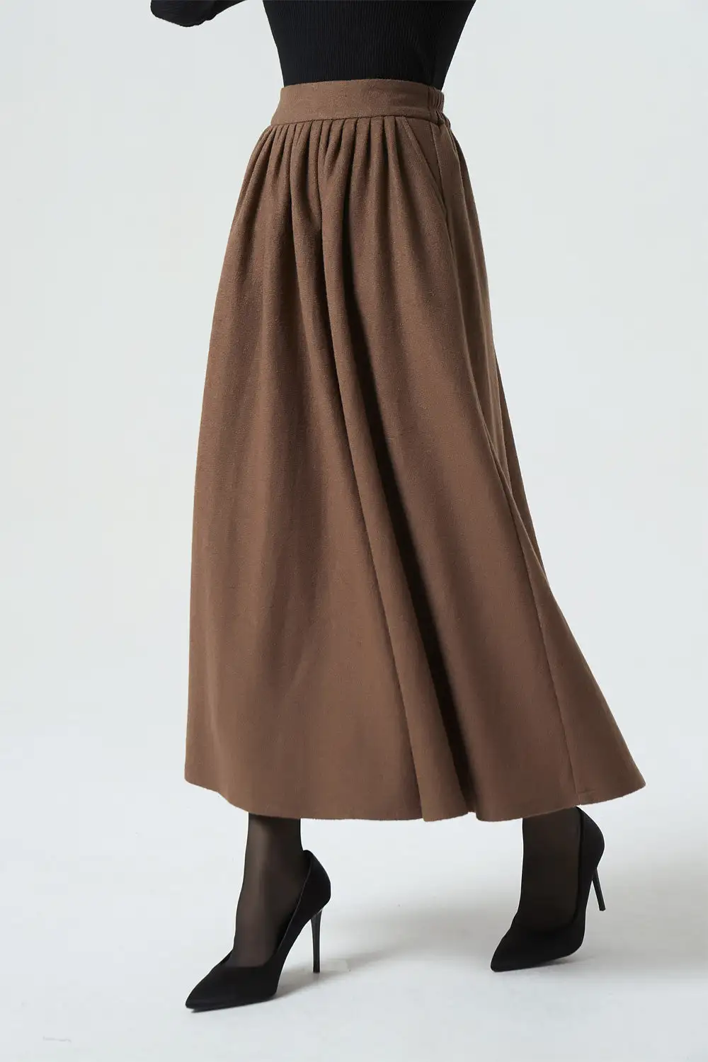Classic Wool Blend Pleated Elastic Waist Maxi Skirt