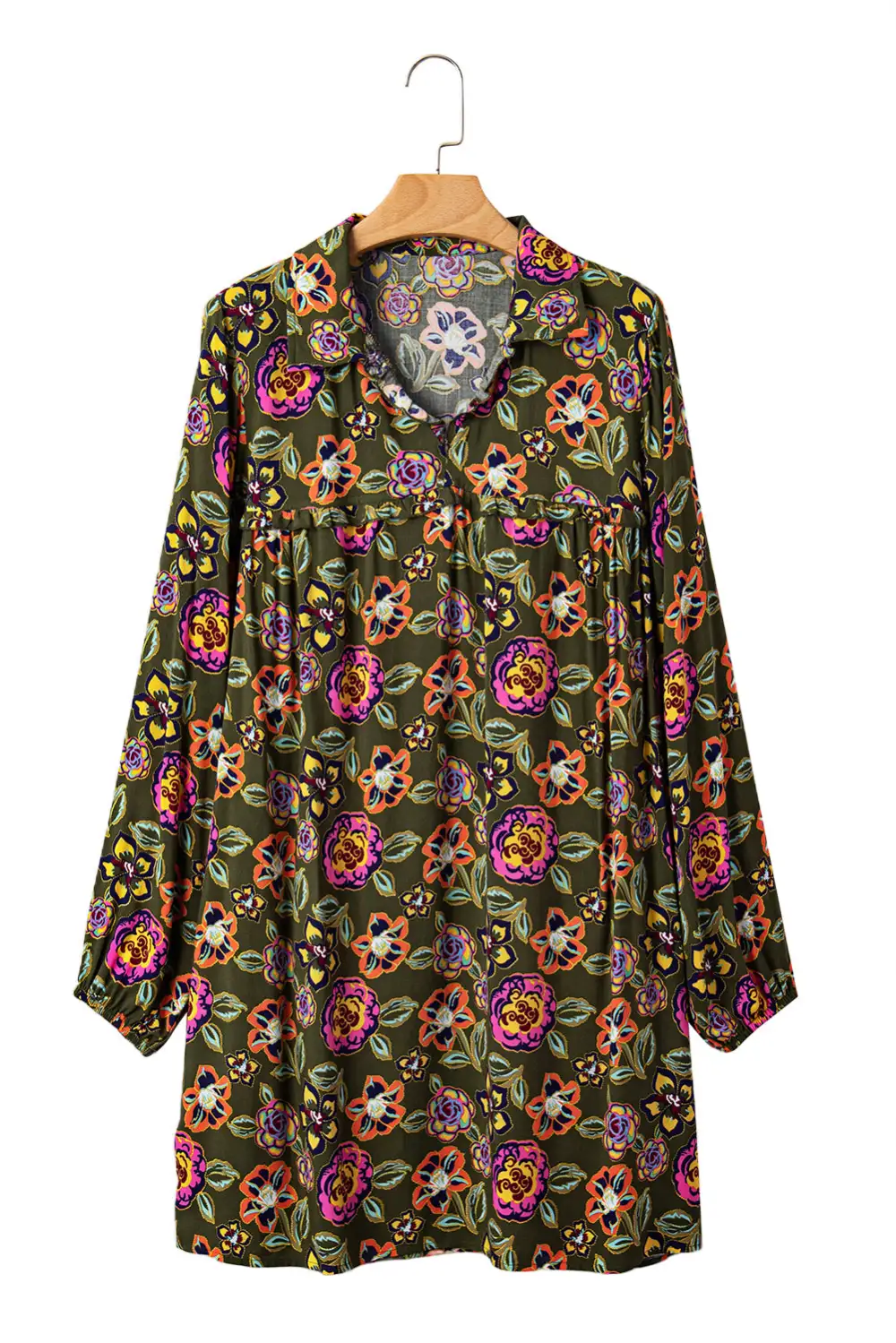 Layered Detail Floral Printed Split Neck Mini Dress