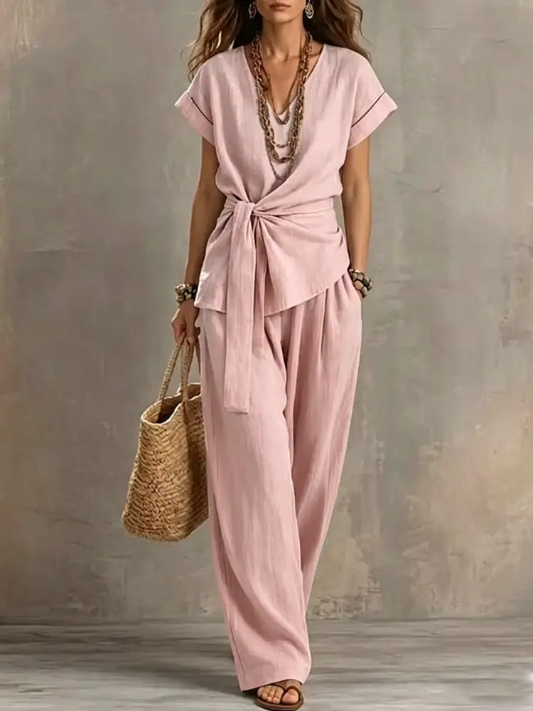 Refined Short-Sleeve V-Neck Women's Matching Set