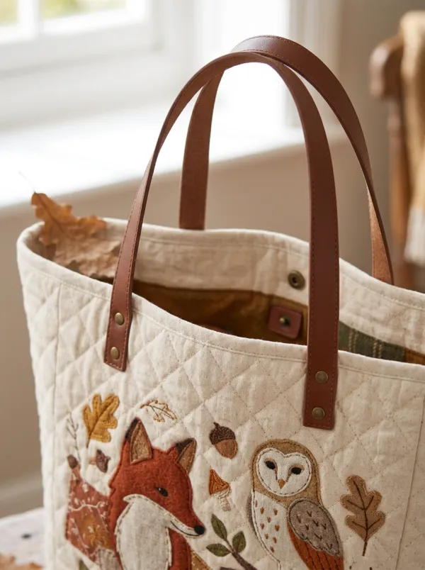 Woodland Animal Lover Fox and Owl Embroidered Tote Bag