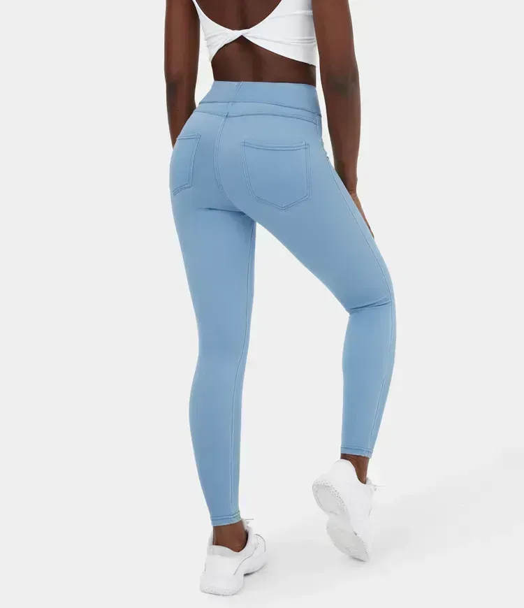 High Waisted Back Side Pocket Stretchy Knit Denim Casual Leggings