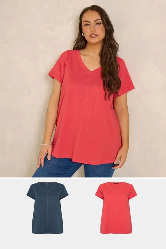 2 Pack Curve Red & Navy Blue Cotton T-Shirts