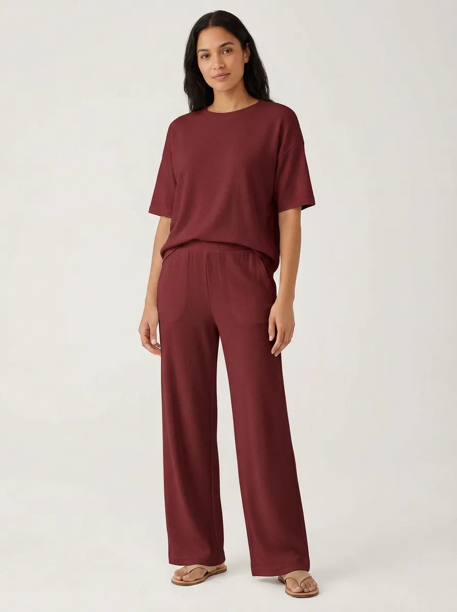 Women's Ribbed Drop-Shoulder Top And Patch-Pocket Wide-Leg Trouser Lounge Set