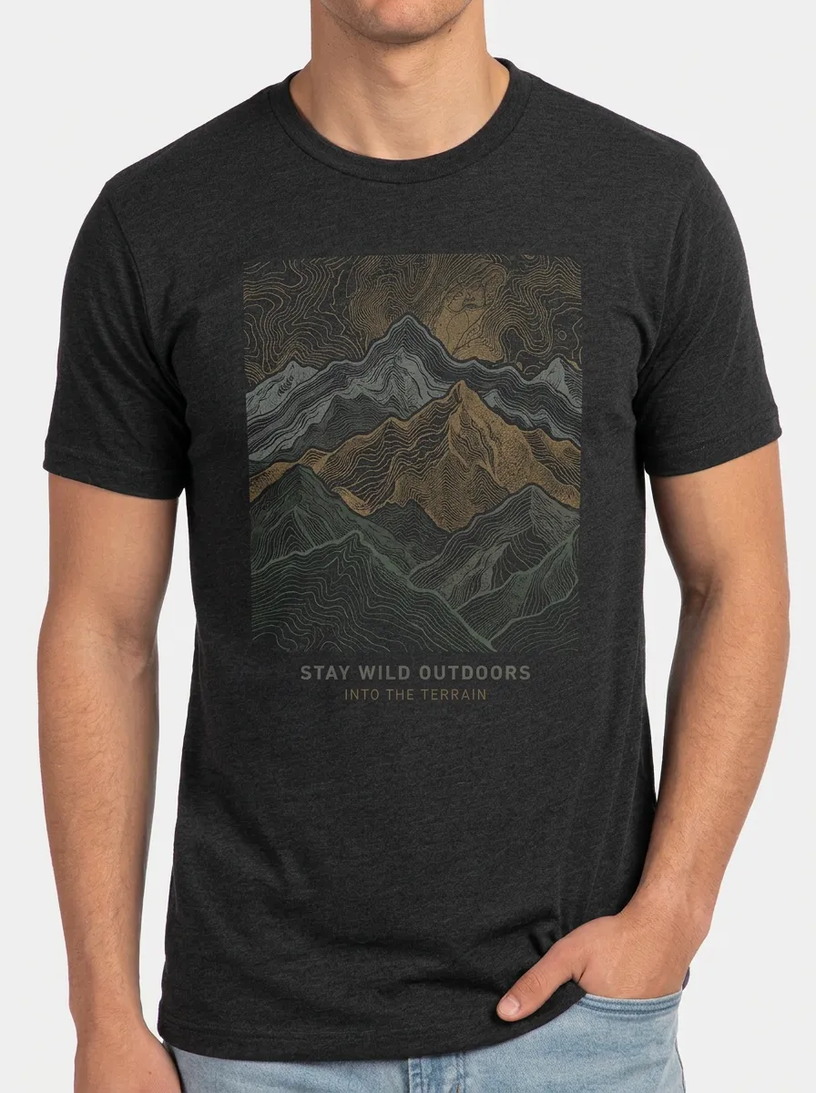Men's Crewneck Rugged Terrain Outdoor Adventure Mountain Topographic Graphic T-Shirt
