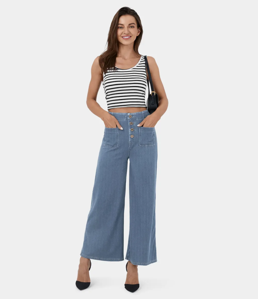 Magic High Waisted Button Pockets Washed Stretchy Knit Casual Wide Leg Jeans