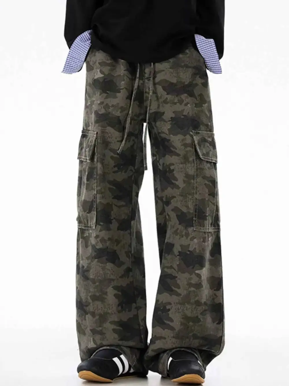 Drawstring Camouflage Wide Leg Pants