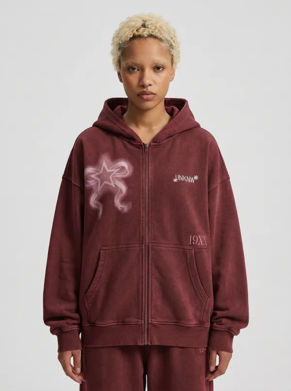 Unisex Streetwear Star Bow Graphic Printed Zip-up Hoodie