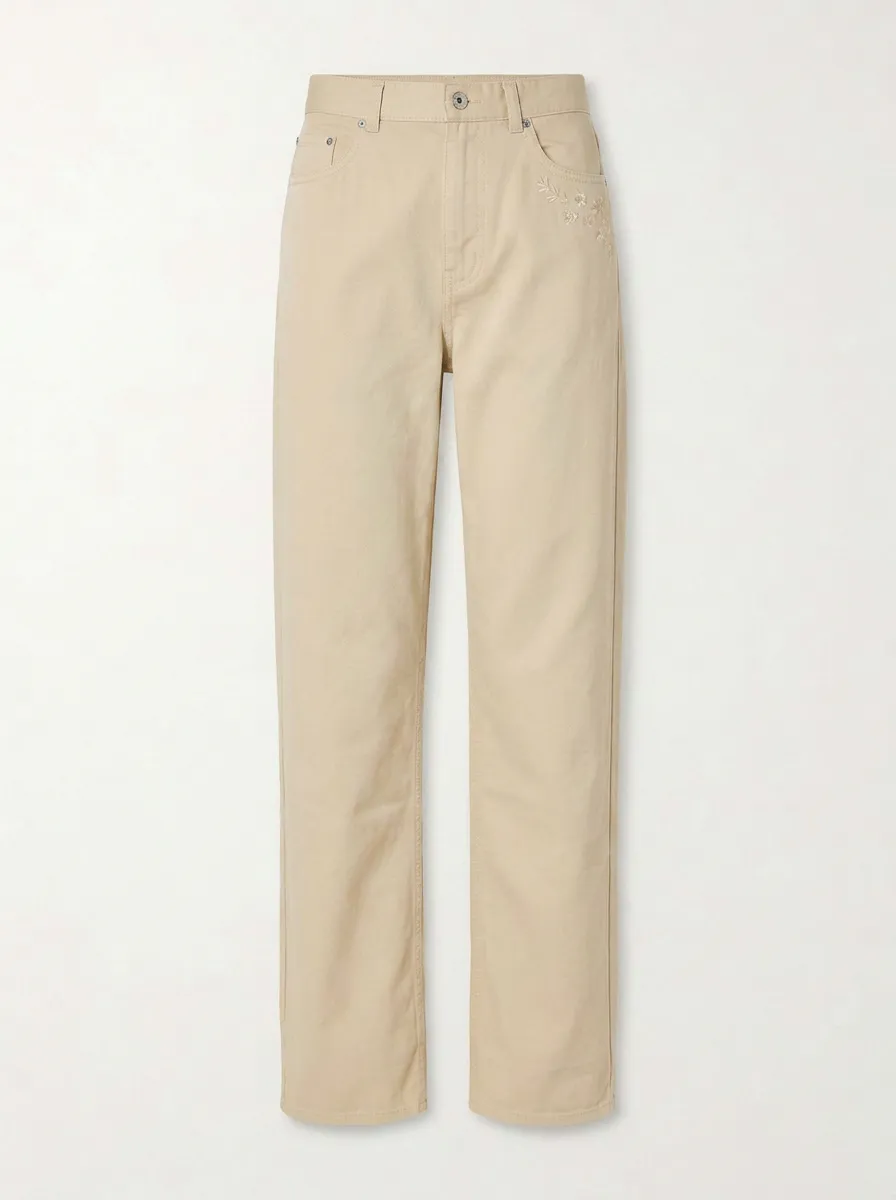 Women's Floral Embroidery Beige Mid-Rise Straight Leg Pants