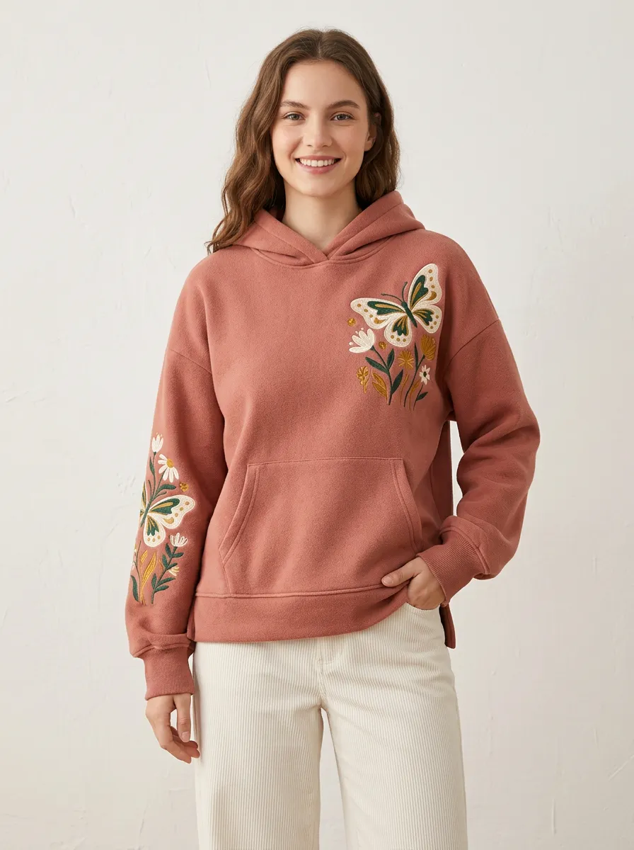 Women's Easy Wear Floral Butterfly Embroidered Graphic Nature Hoodie