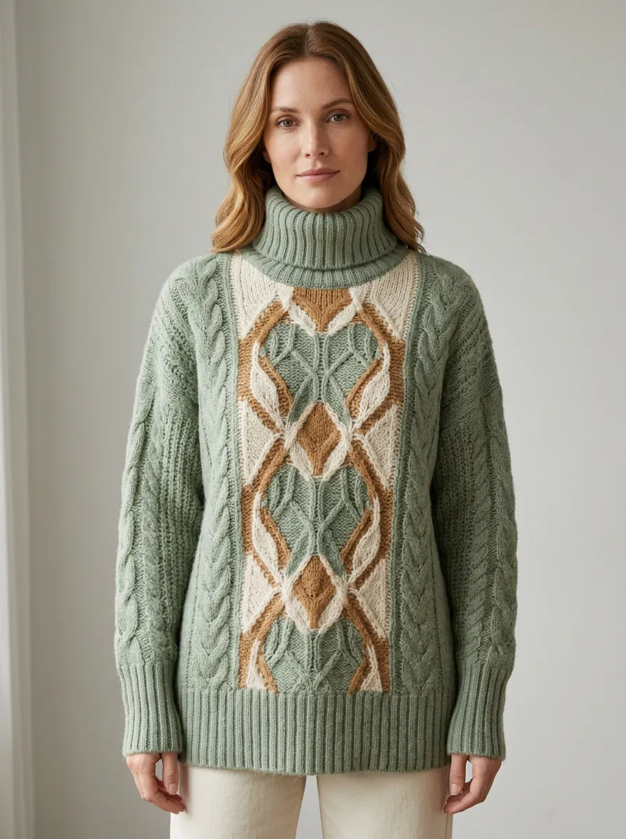 Women's Geometric Pattern Cable Knit Printed Turtleneck Sweater
