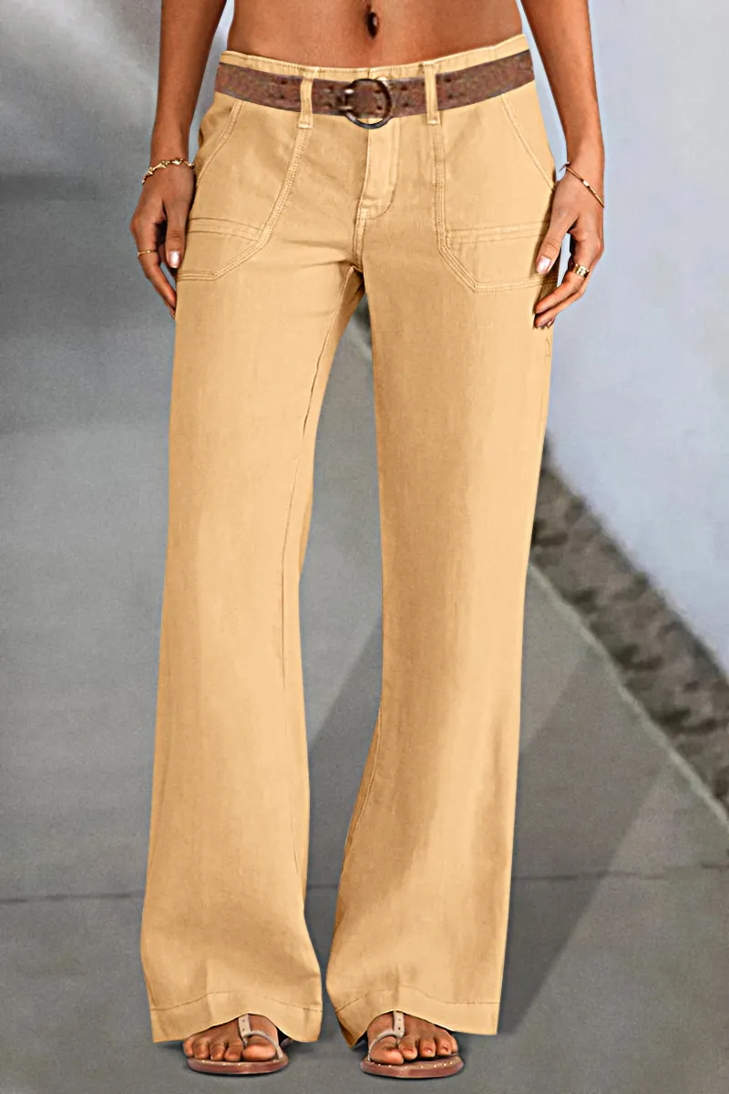 Solid Slant Pocket Low Waist Flare Pants Without Belt