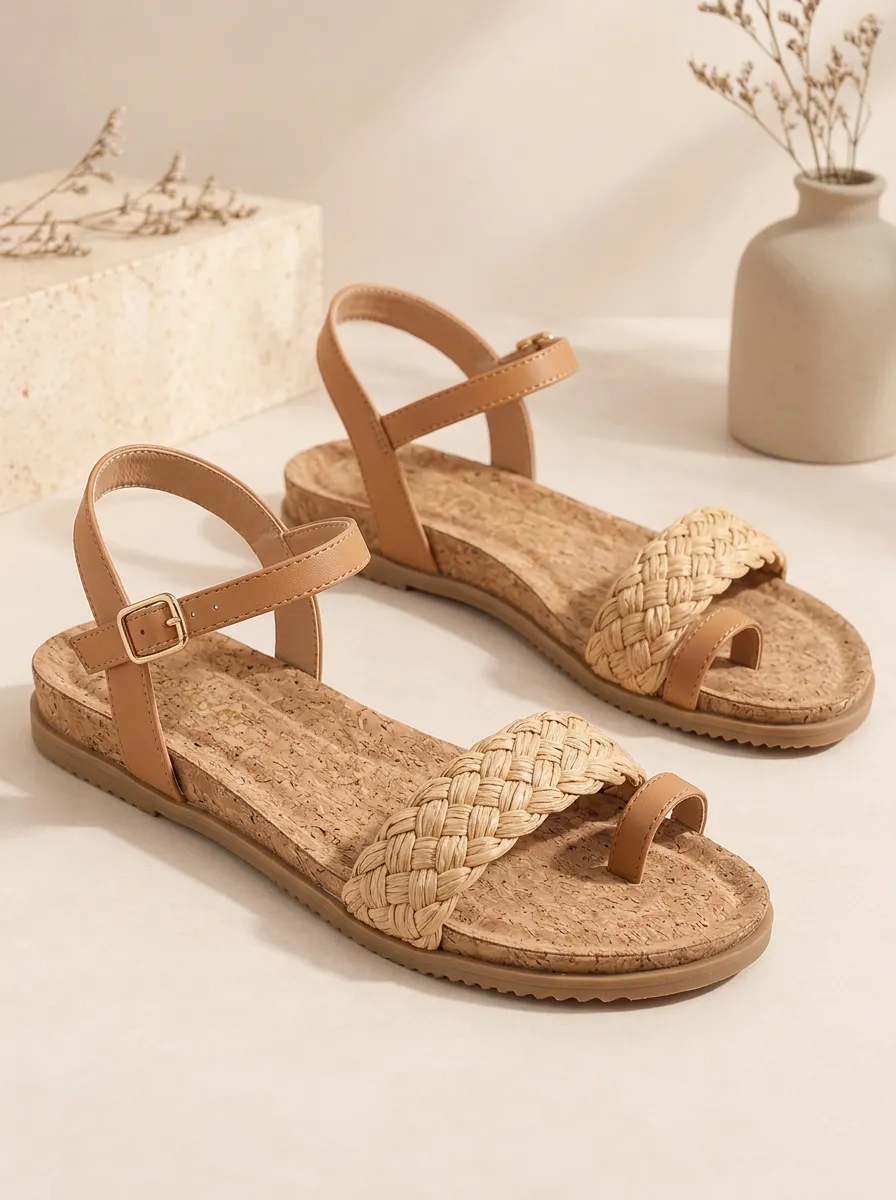 Women's Everyday Flat Sandals Braided Cork Detail