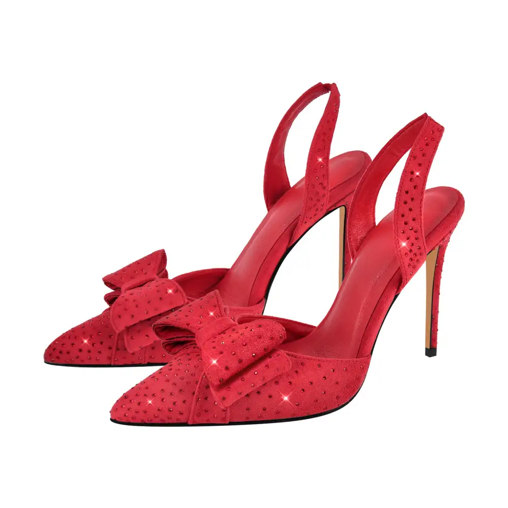 Suede Finish Rhinestone Pointed Toe Stiletto Slingback Pumps