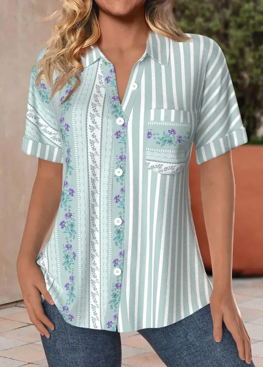 Green Pocket Striped Short Sleeve Shirt Collar Blouse