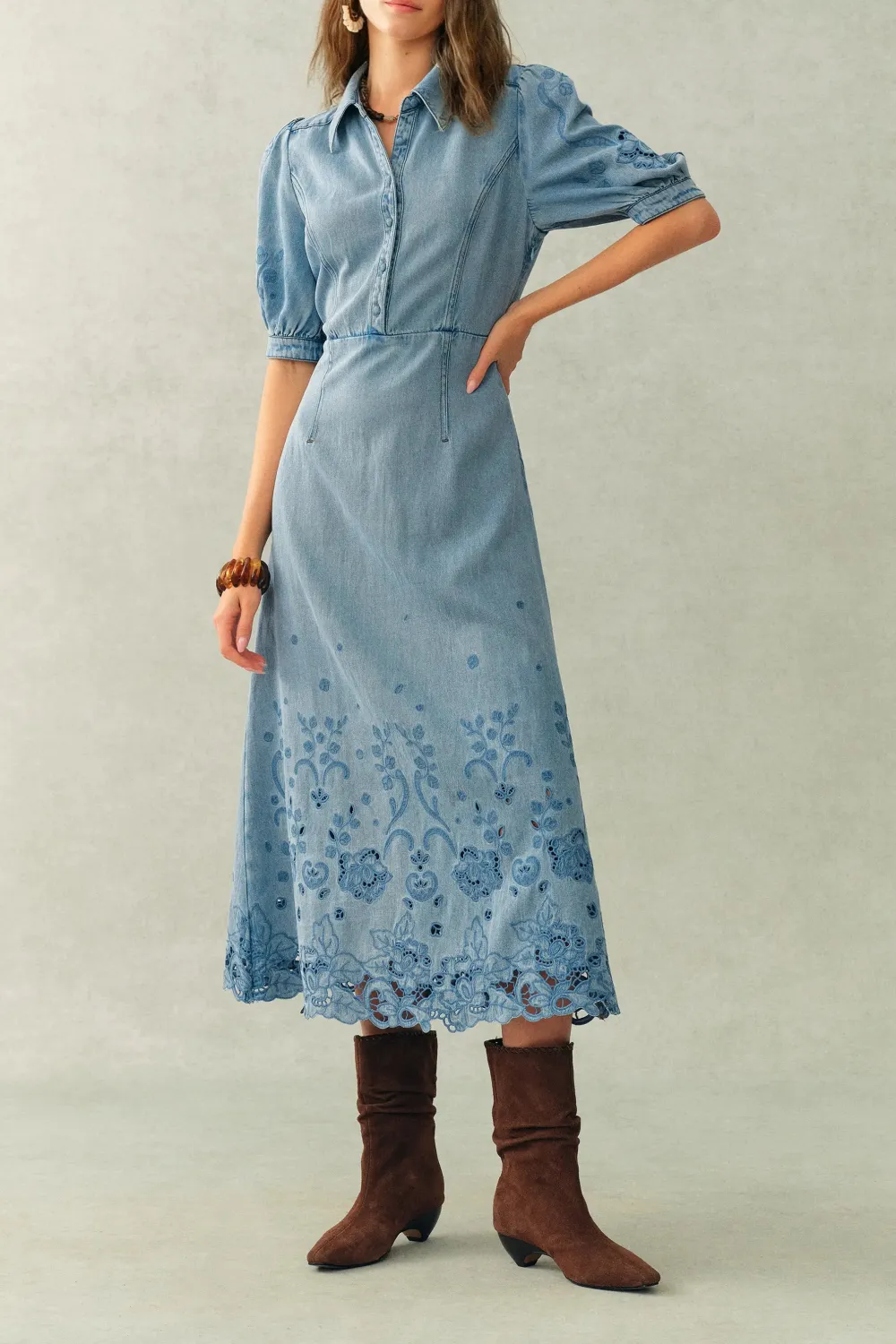 Puff Sleeve Cotton Linen Denim Midi Dress