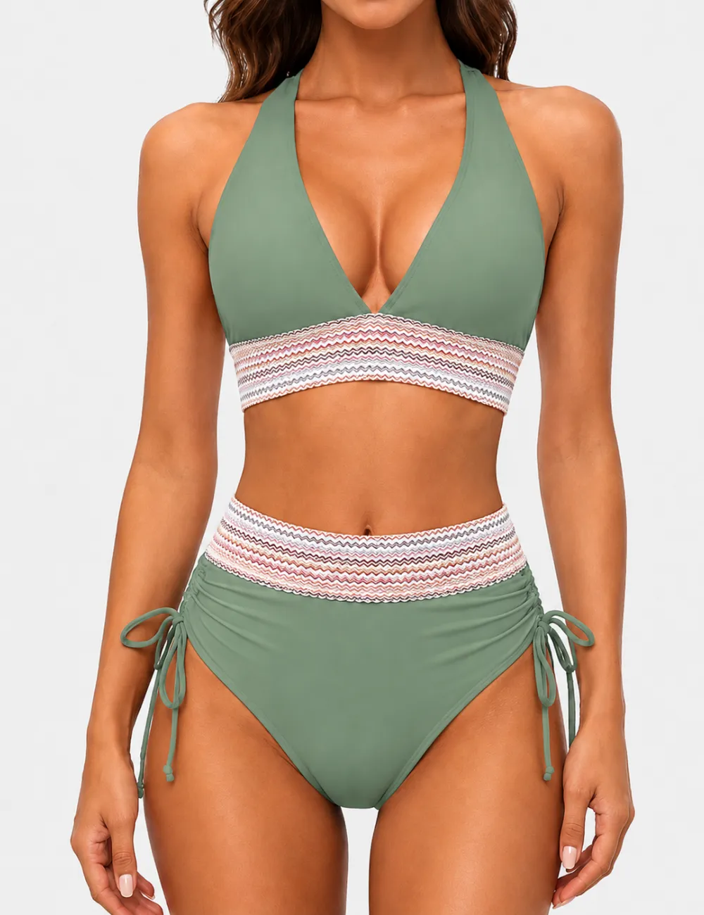 Deep V Neck Colorful Zigzag Smocked Trim Bikini Set