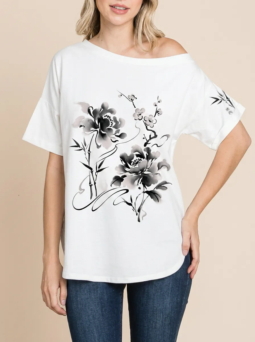 Women's Chinese Ink Wash Floral Bamboo Printed T-shirt