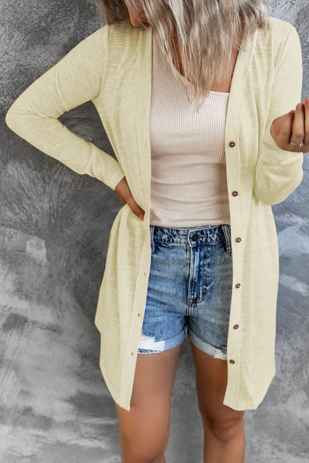Solid Open-Front Buttons Cardigan