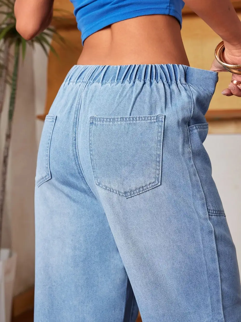 Contoured Wide Leg Drawstring Denim Jeans