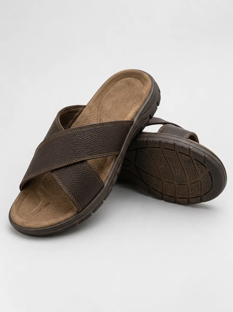 Men's Cross Strap Faux Leather Graphic Detail Casual Slippers