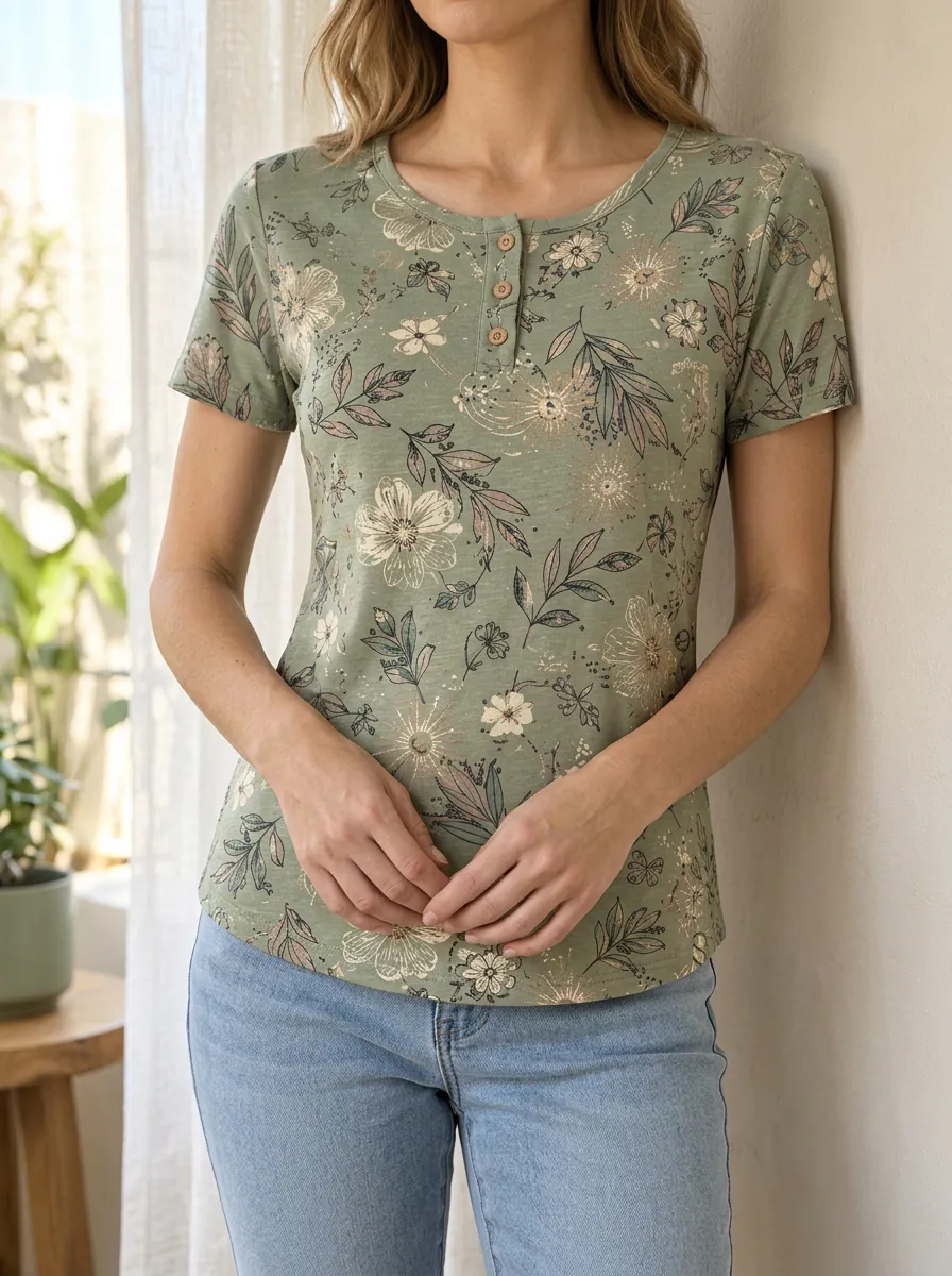 Women's Sage Green Floral Botanical Printed Henley T-Shirt