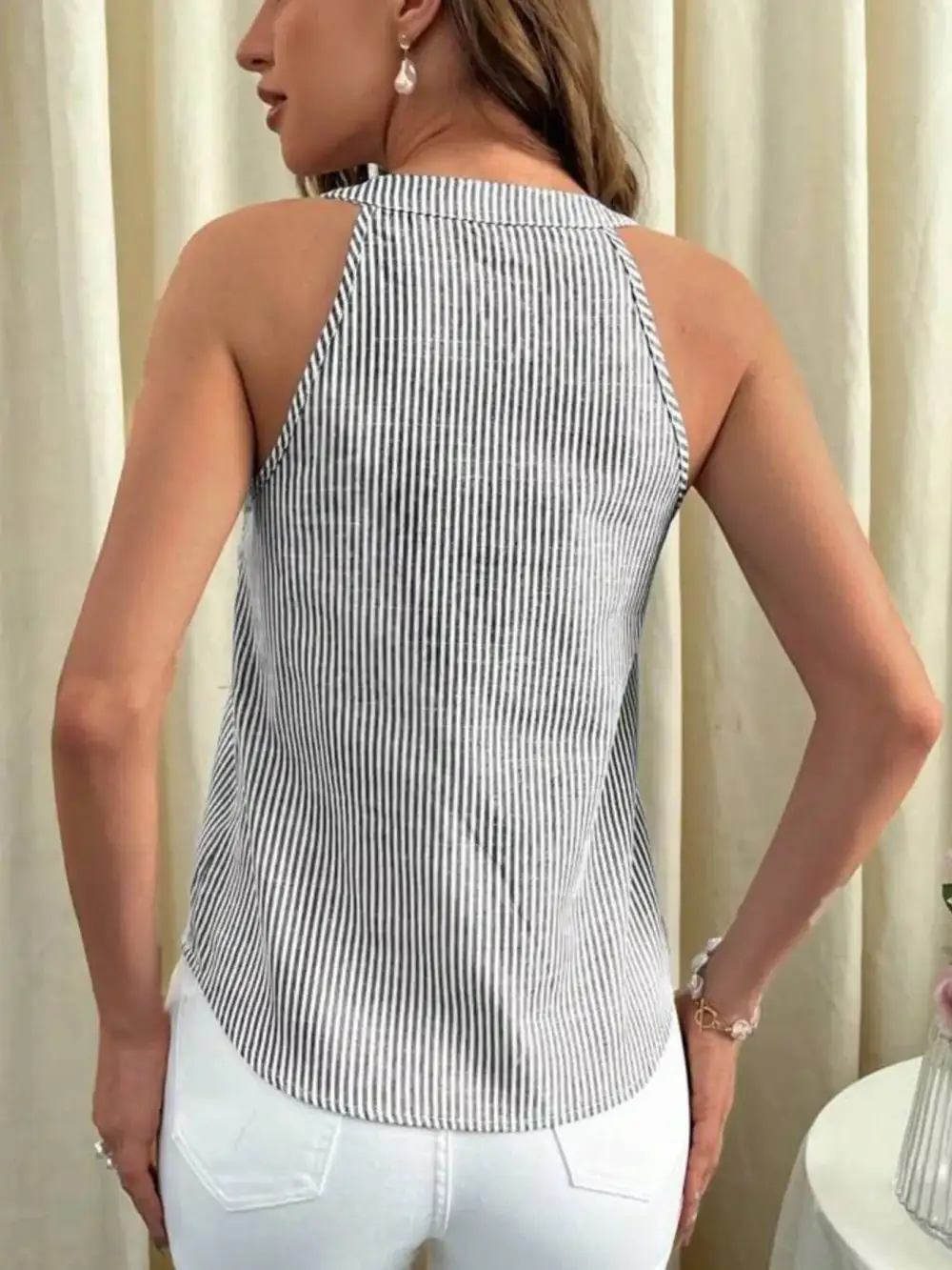 Button-Front Buttoned Striped Tank Top