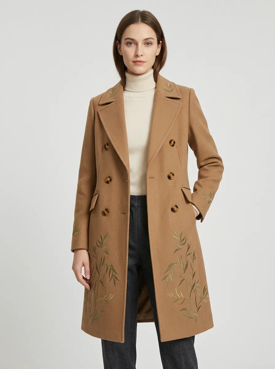 Women's Botanical Willow Leaf Embroidered Wool Coat
