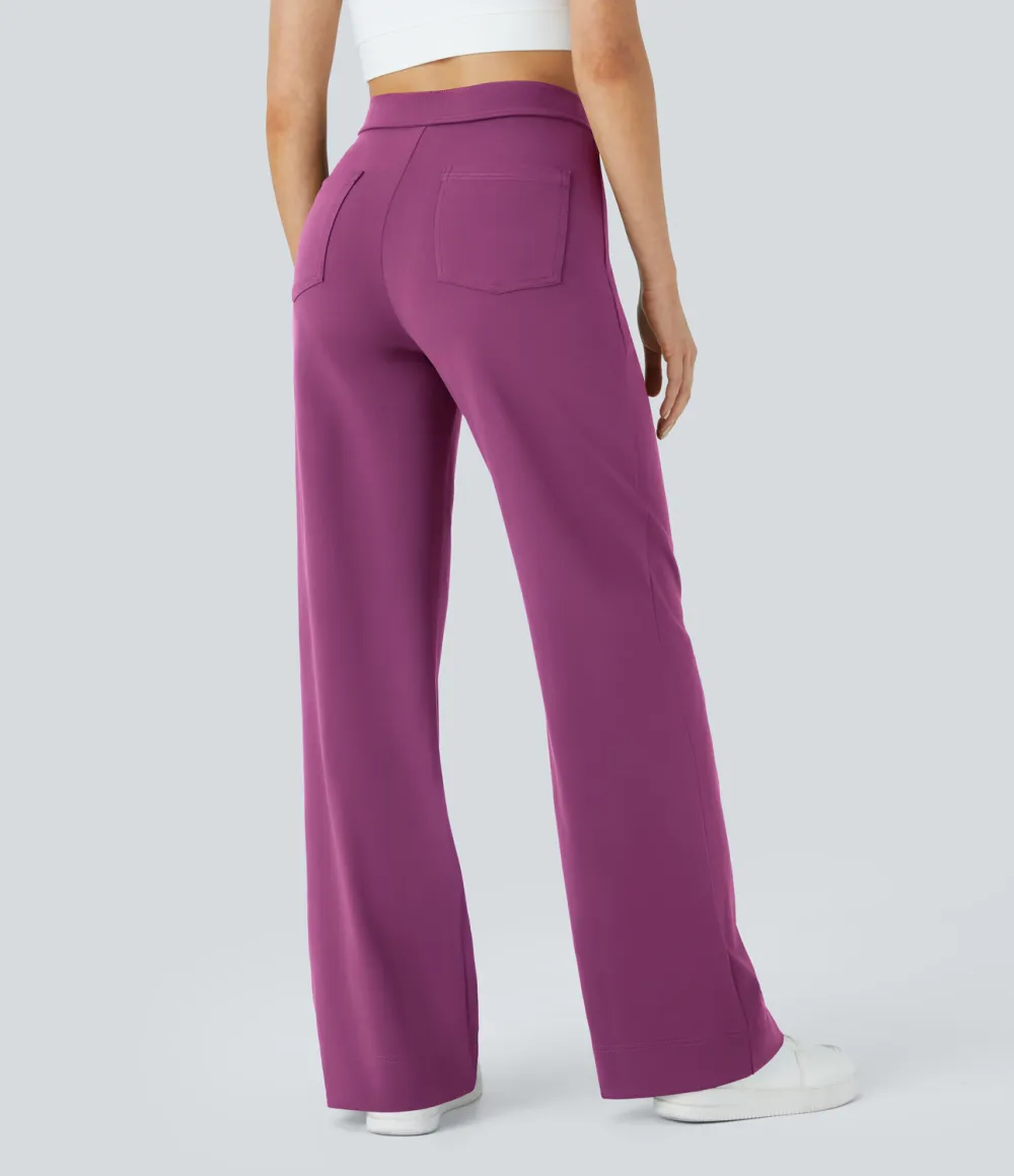 High Waisted Button Multiple Pockets Straight Leg Casual Pants