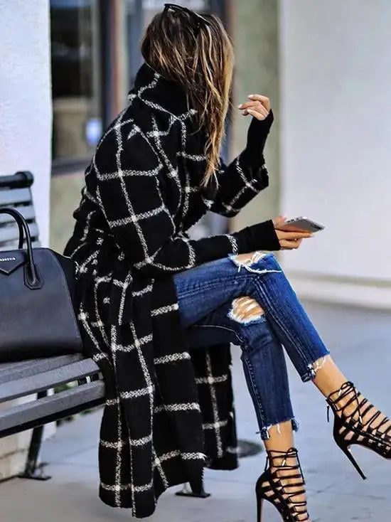 Black plaid chic woolen coat