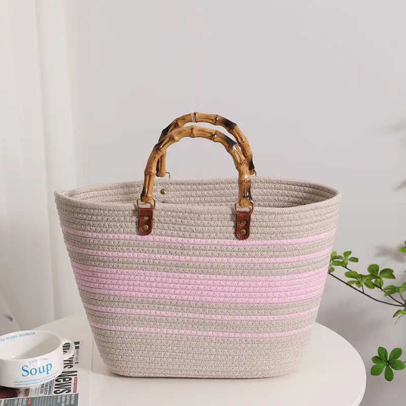 Striped Large Capacity Cotton Rope Woven Bag Vintage Bamboo