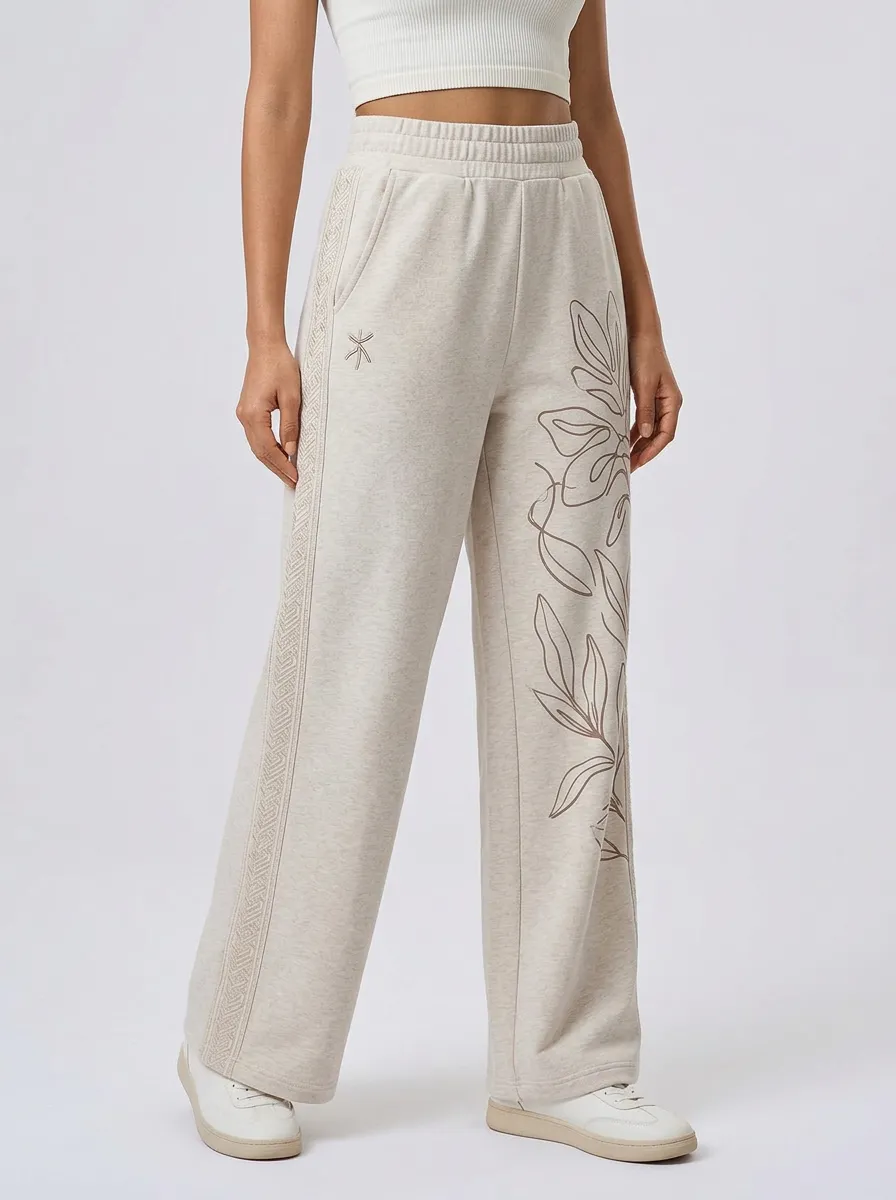 Women's Beige Botanical Line Art Wide-Leg Lounge Pants