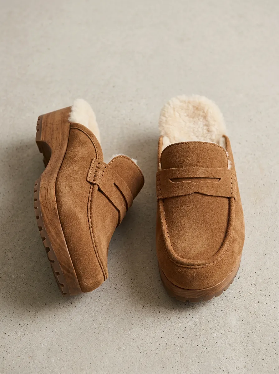 Women's Faux Fur Lined Clog Style Casual Suede Wood Sole Loafers