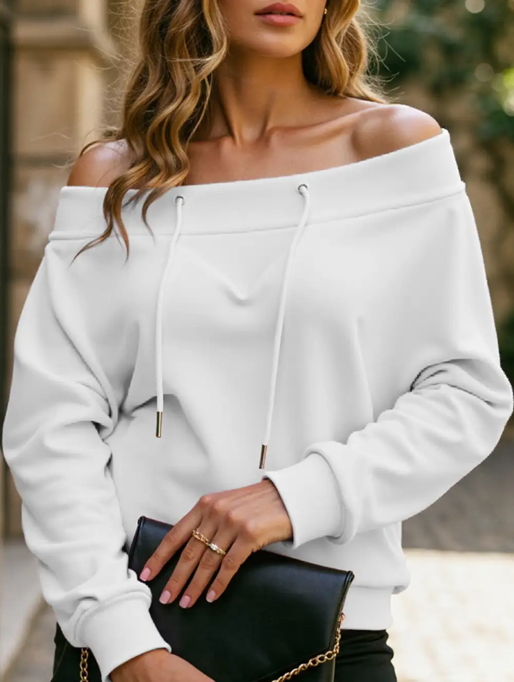 Loose Drawstring Off-Shoulder Boat Neck Top