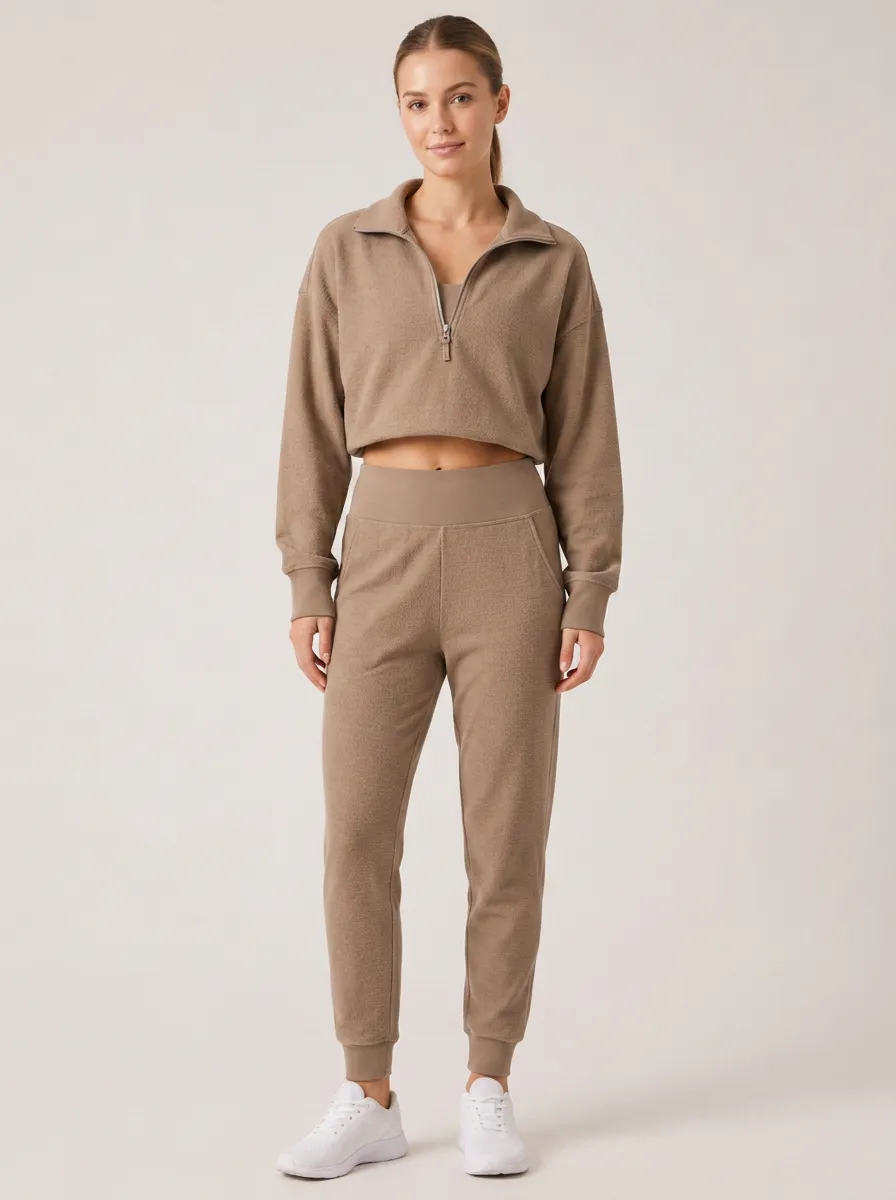 Women's Casual Lounge Brown Quarter-Zip Crop Top Jogger Set