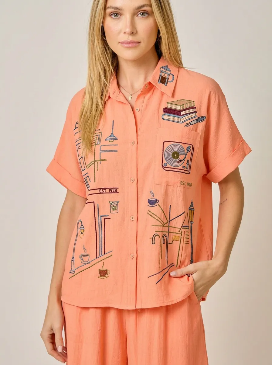 Women's Book Coffee Record Player Embroidered Button-down Shirt Tank Top