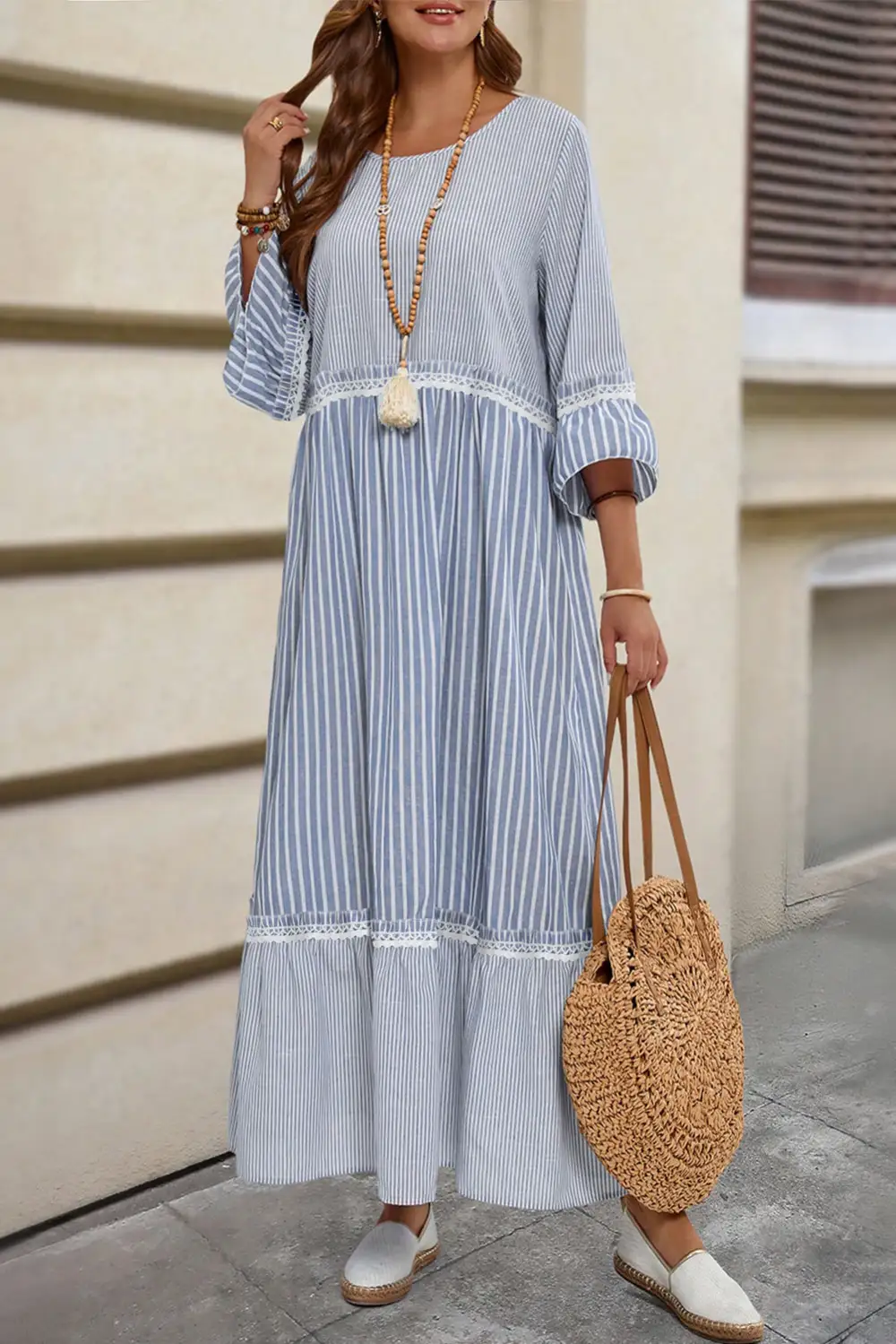 Sky Stripe Patchwork Crossed Lace Detail Bracelet Sleeve Maxi