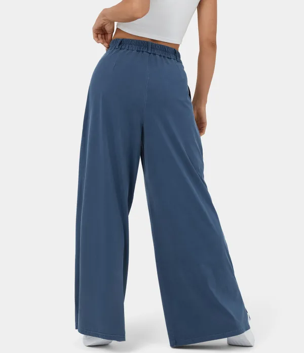 High Waisted Button Zipper Plicated Side Pocket Split Hem Wide Leg Casual Pants