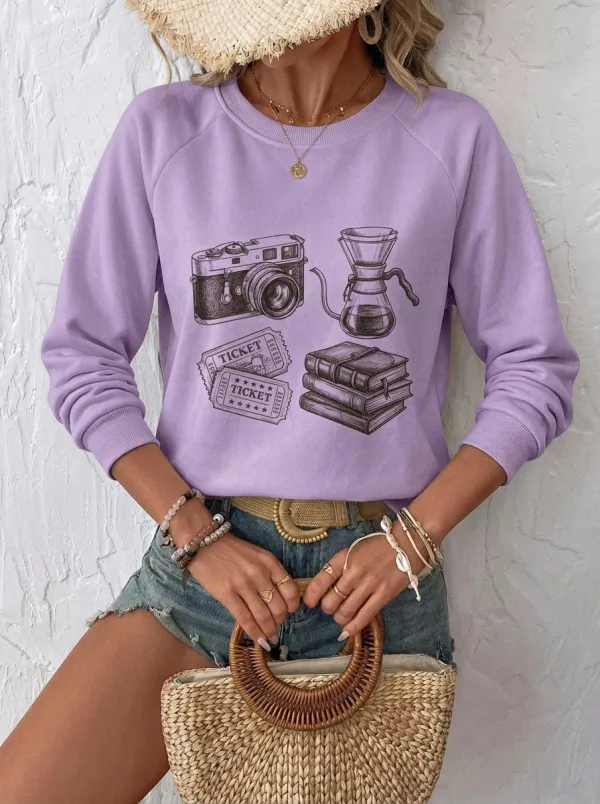 Women's Hobby Lover Camera Coffee Books Ticket Printed Sweatshirt