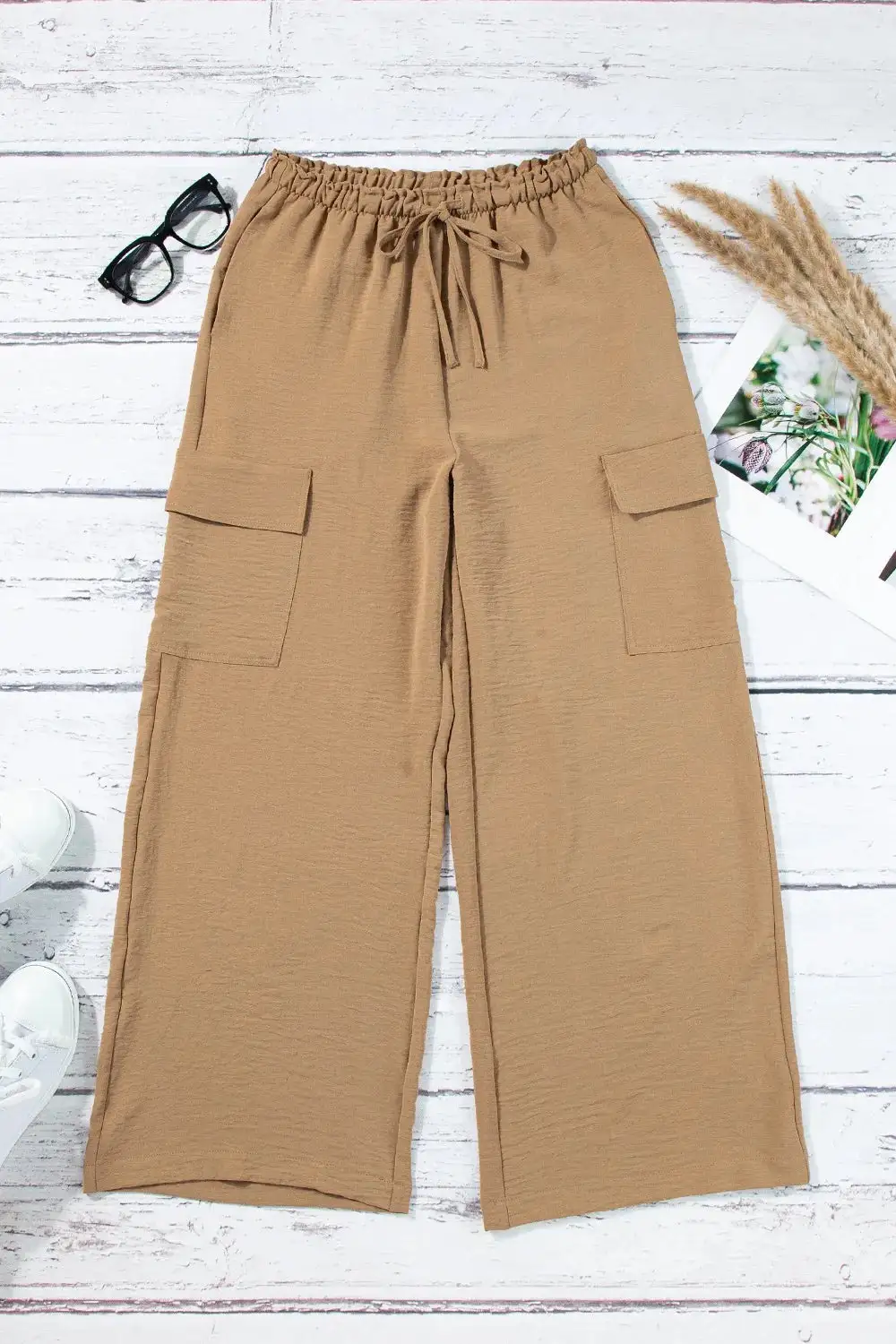 Drawstring Frilled Waist Wide Leg Utility Trousers