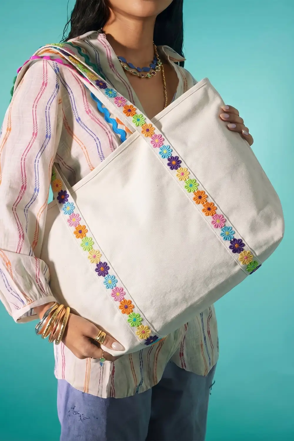 Embroidered Floral Strap Canvas Tote