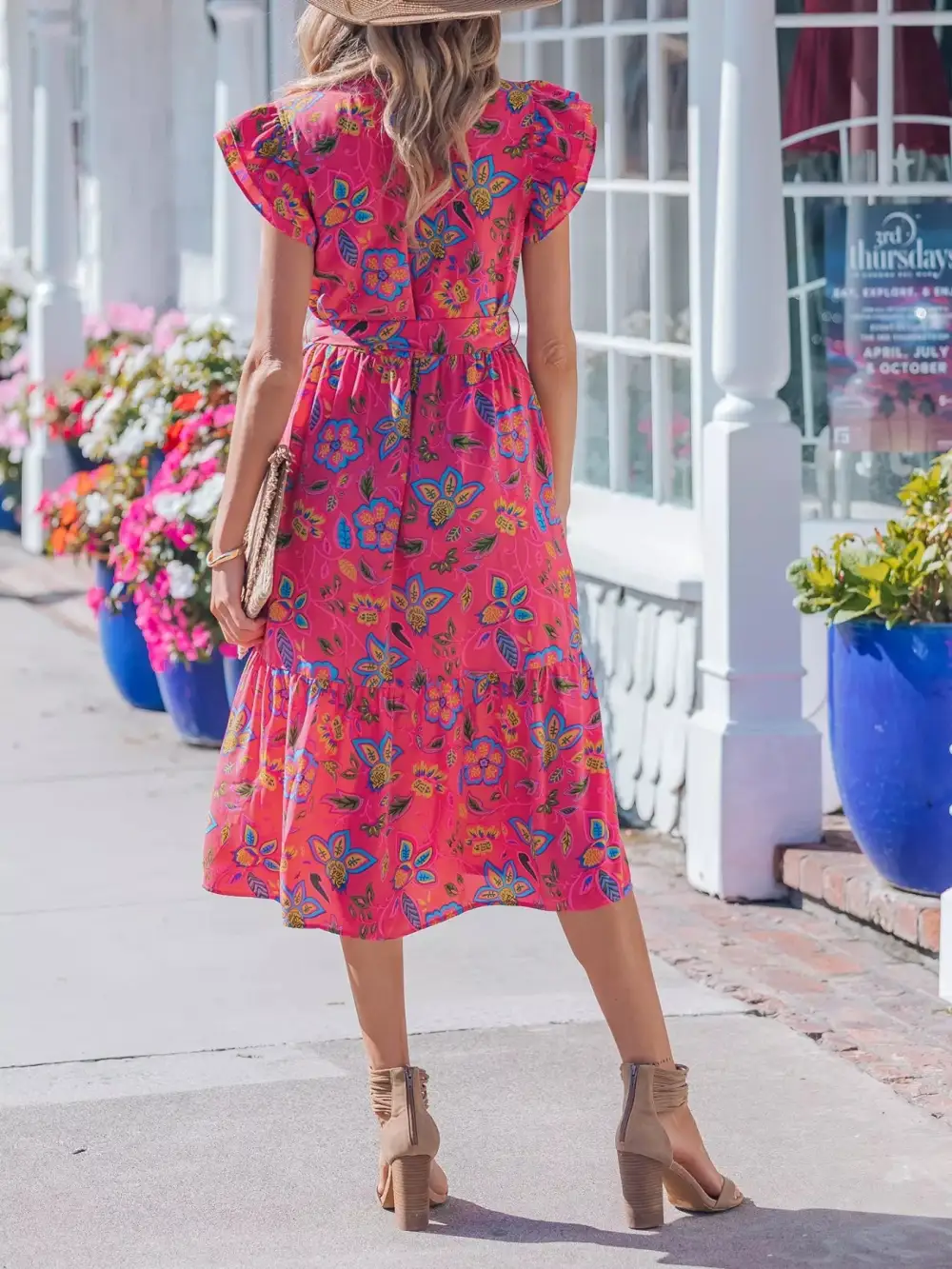 Comfort Fit Floral Tie Waist Flutter Sleeve Dress