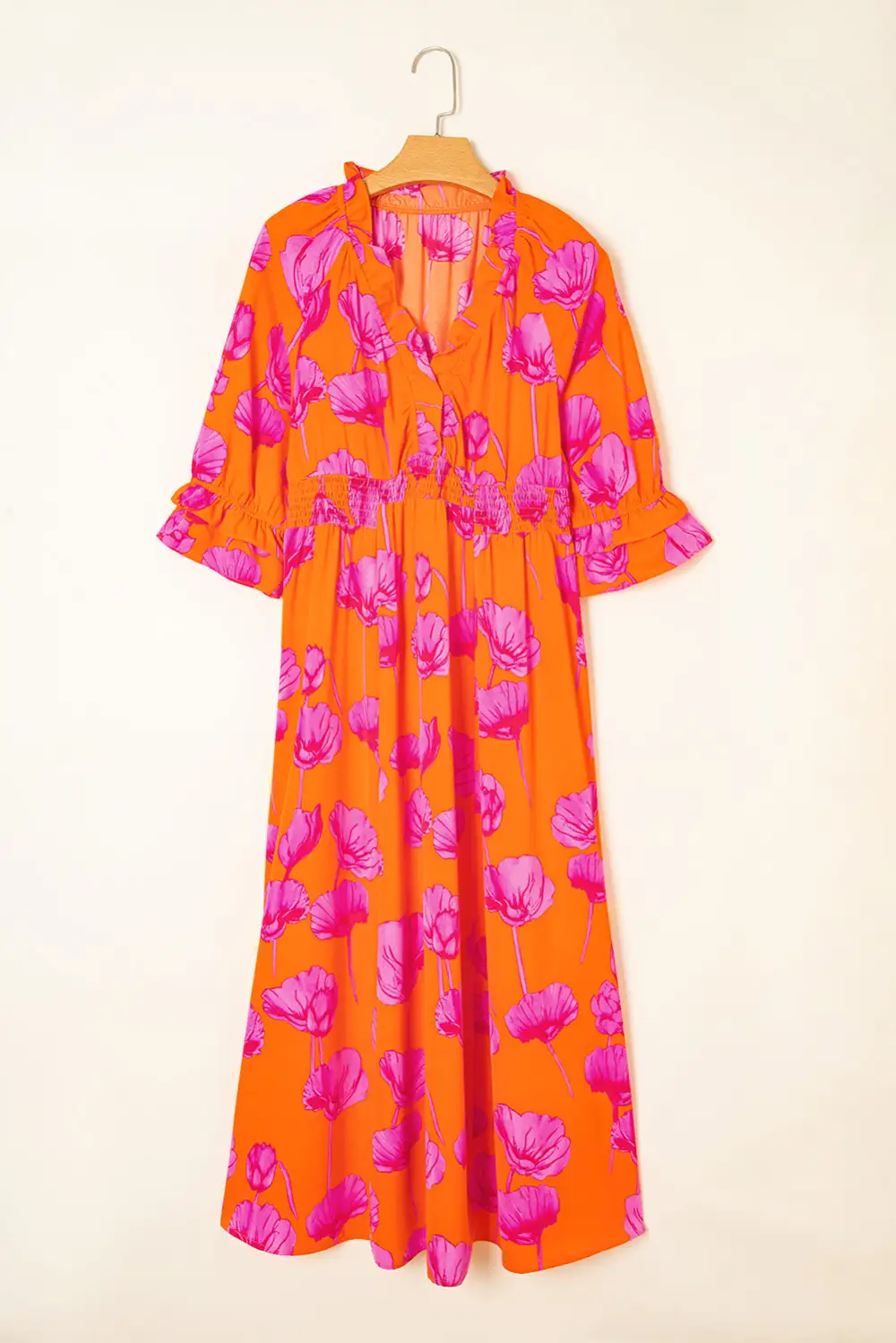 Maxi Floral Print Frilly Smocked V Neck Sleeve Long