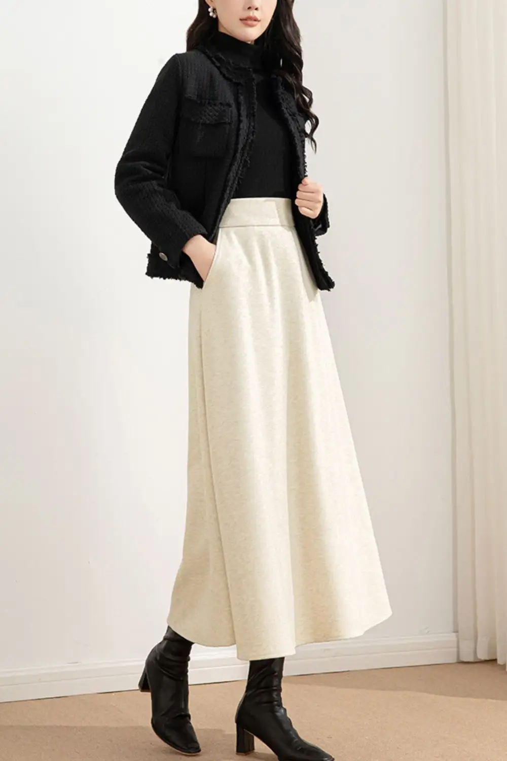 Checkered Wool Blend A Line High Waist Skirt