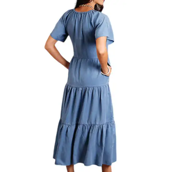 Tiered Ruffle Detail Denim Casual Dress