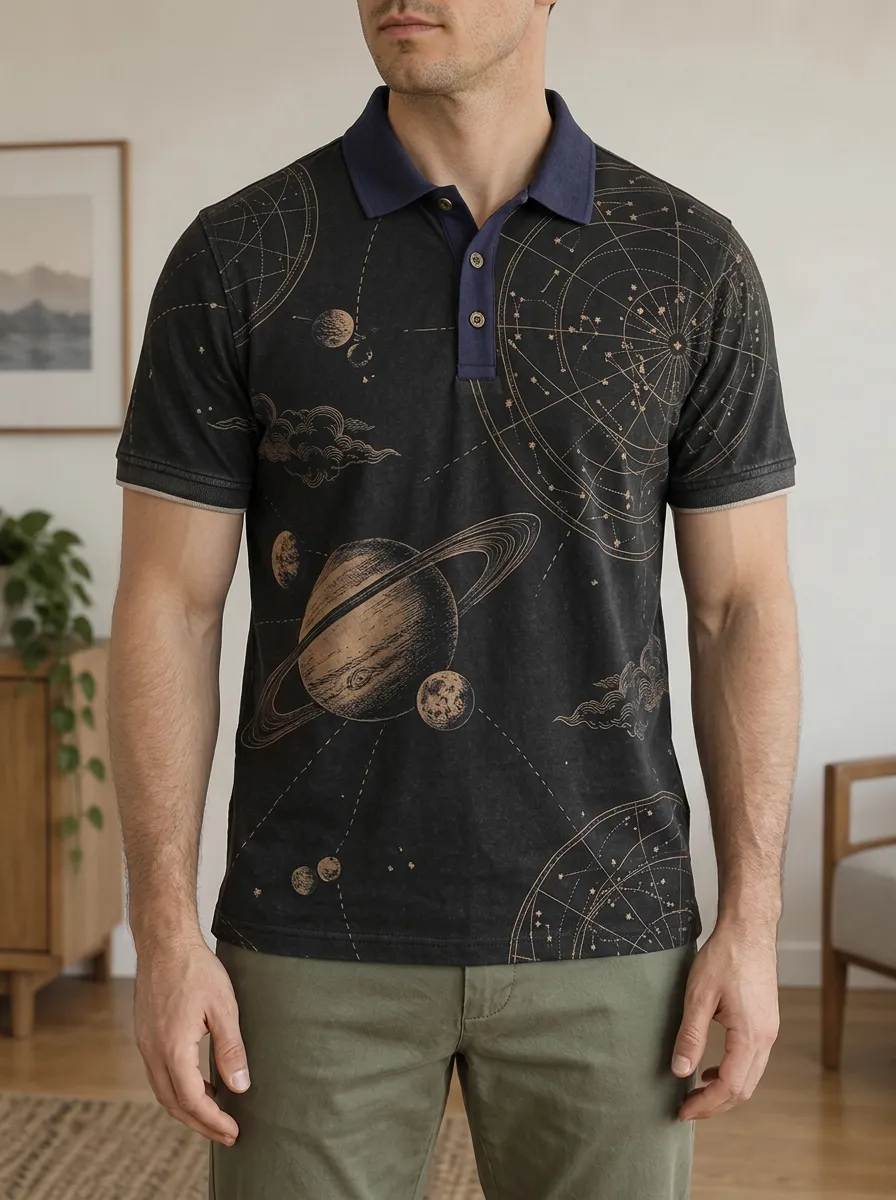 Men's Astronomy Lover Saturn Constellation Printed Polo Shirt Weekend Casual Style