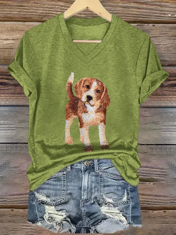 Woman's Puppy Print V-Neck And Short Sleeves T-Shirt
