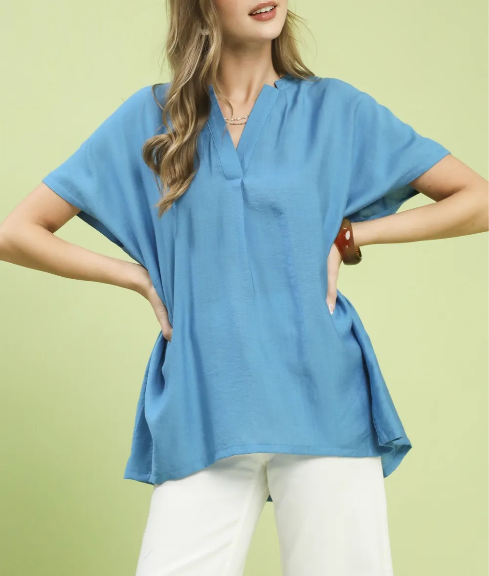 Rayon V-Neck Short Sleeve Blouse